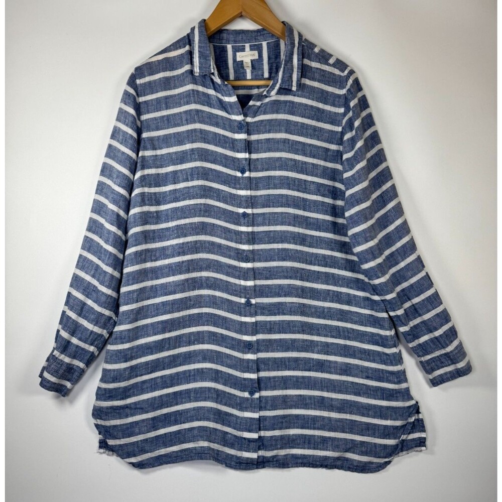 Garnet Hill Linen Tunic Top PM Petite Medium Blue White Striped Button Front‎